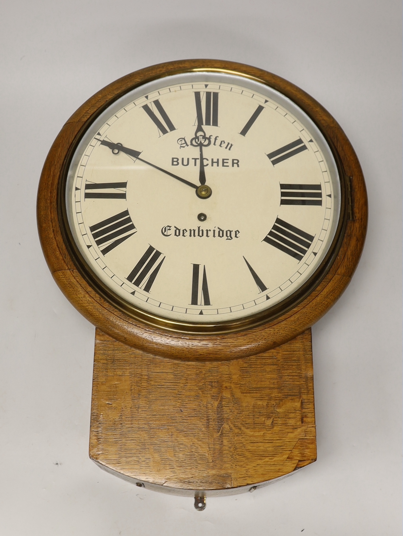 A Victorian oak single fusee drop dial wall clock